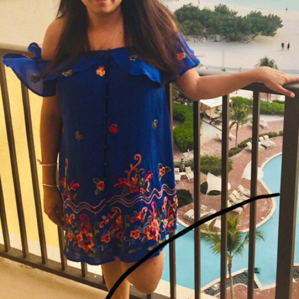Blue Off The Shoulder Dress with floral embroidery & button detail
